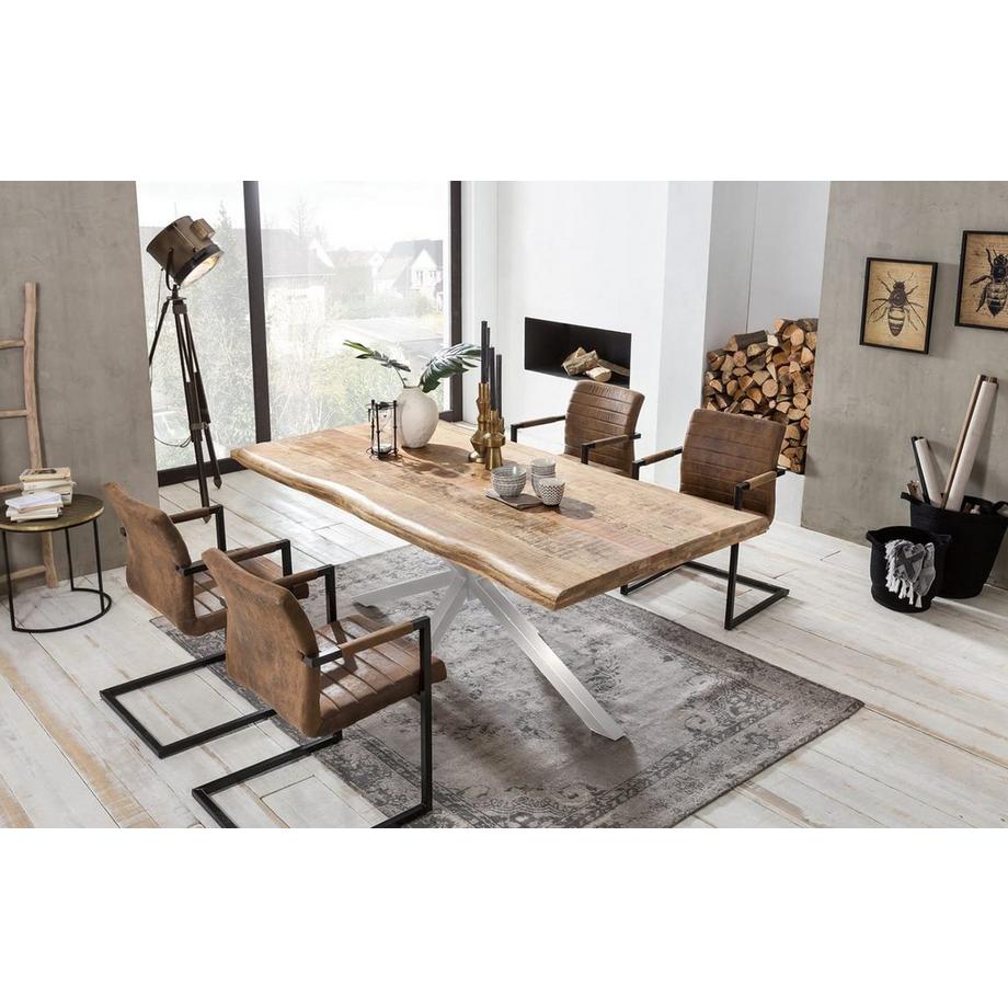 mutoni Table 200x100 cm - mangue naturelle - métal argenté antique - avec bordure d'arbre  