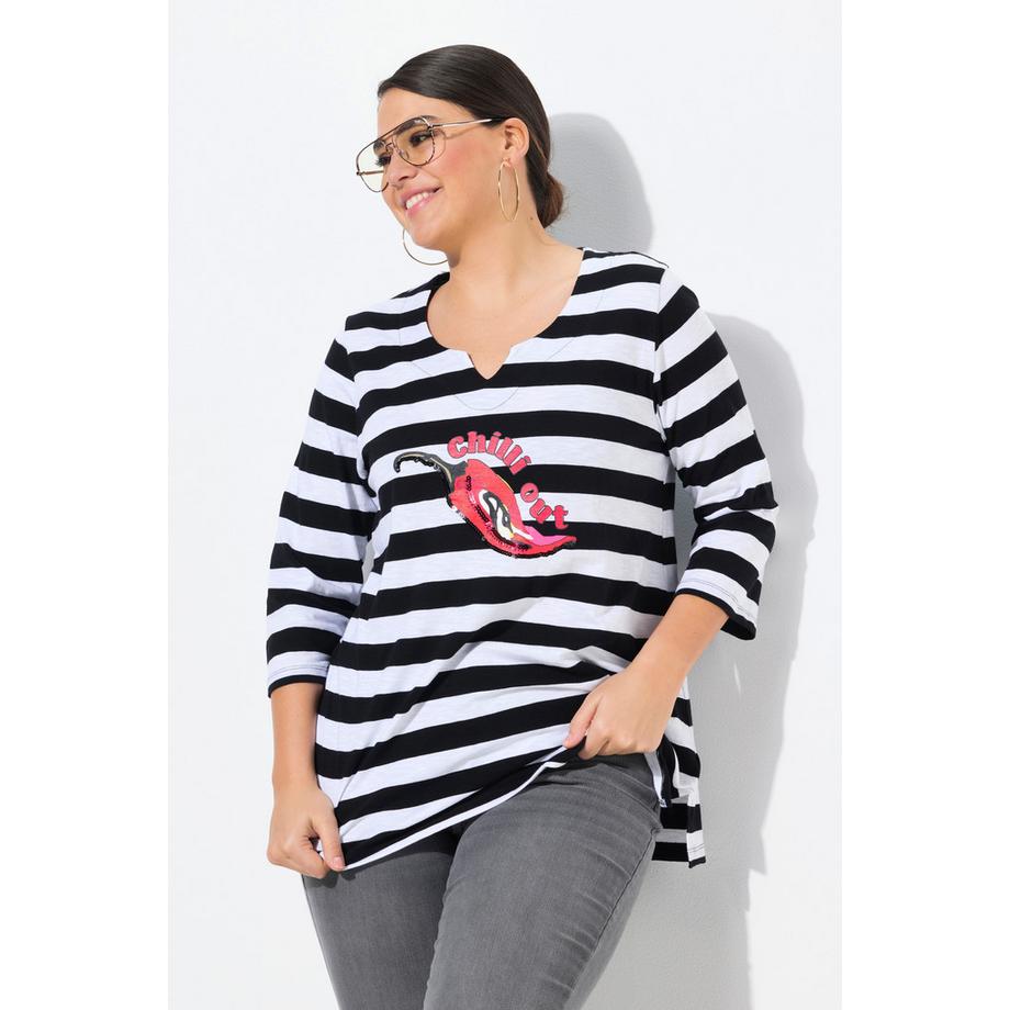 Ulla Popken Maglia a righe Classic Scollo a V Maniche 3/4 con peperoncino decorato  