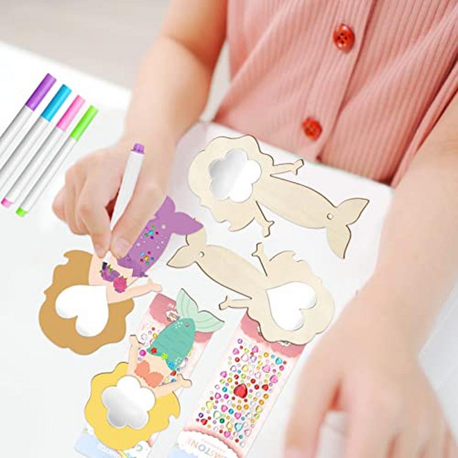 Activity-board  Artisanat de sirène, 23 pièces bricolage miroir en bois pour enfants, miroir en bois pour enfants, peinture 