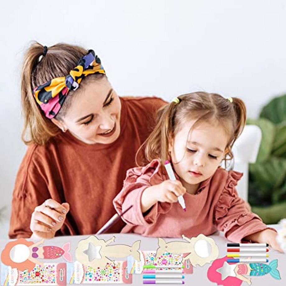 Activity-board  Artisanat de sirène, 23 pièces bricolage miroir en bois pour enfants, miroir en bois pour enfants, peinture 