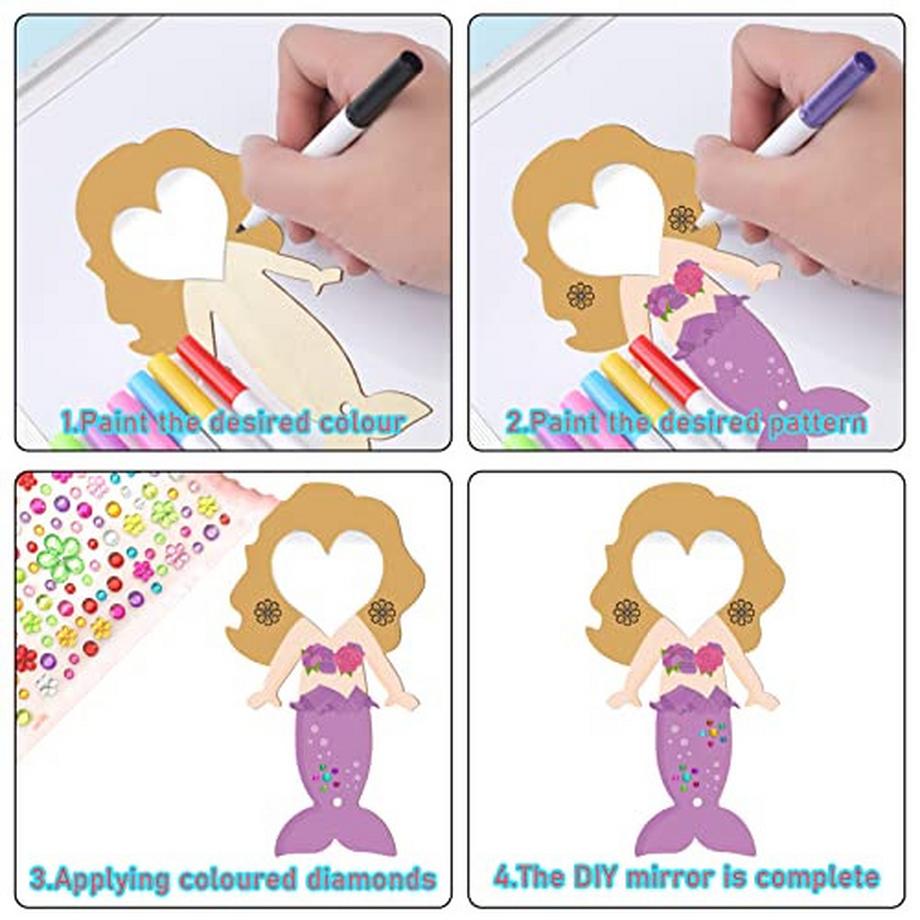 Activity-board  Artisanat de sirène, 23 pièces bricolage miroir en bois pour enfants, miroir en bois pour enfants, peinture 