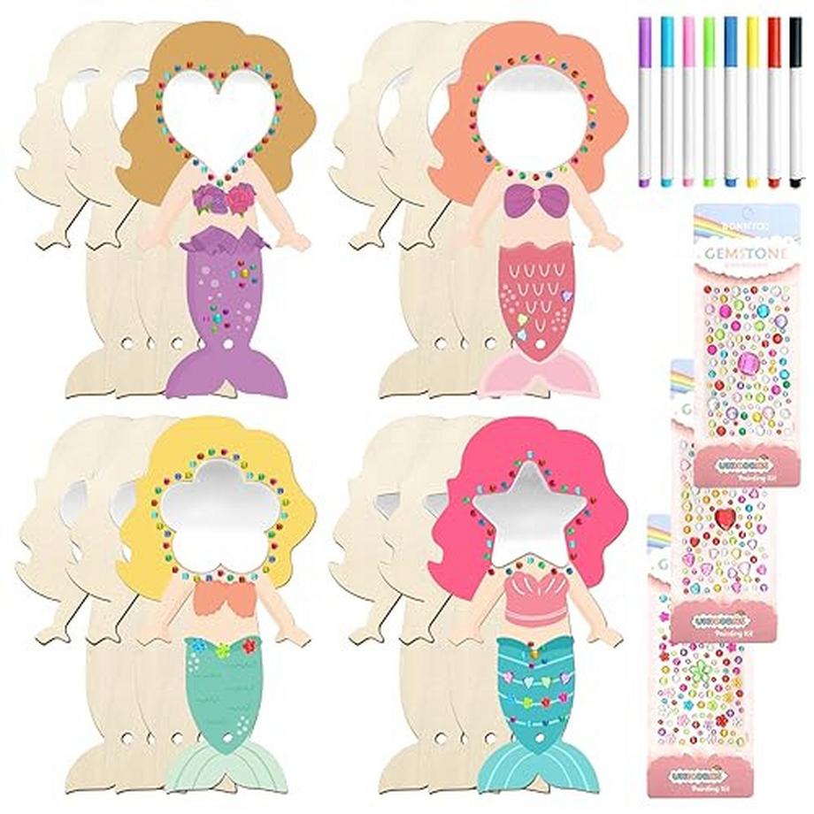 Artisanat de sirène, 23 pièces bricolage miroir en bois pour enfants, miroir en bois pour enfants, peinture