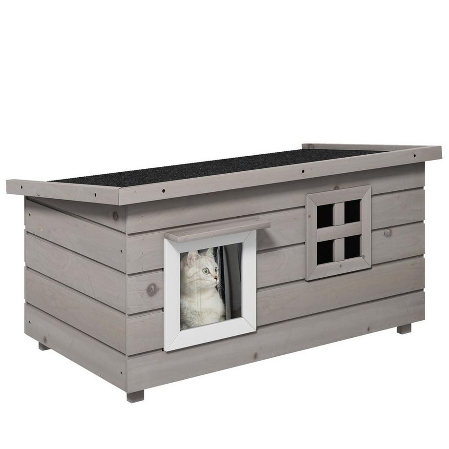 Northio  Katzenhaus Katzenhütte Mit Asphaltdach Katzenhöhle Kleintierhaus Mit Fenster Outdoor Winterfest Tannenholz Grau Schwarz 87 X 52 X 48 Cm 