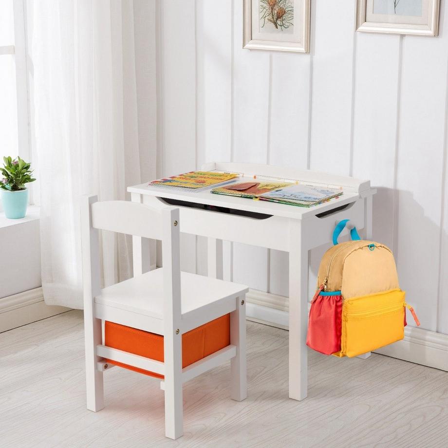 Northix Tavolo + sedia per bambini in legno massiccio con piano pieghevole, cassetto e ganci bianchi  