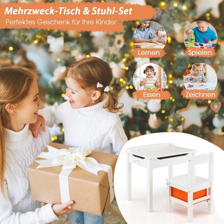 Northix Tavolo + sedia per bambini in legno massiccio con piano pieghevole, cassetto e ganci bianchi  