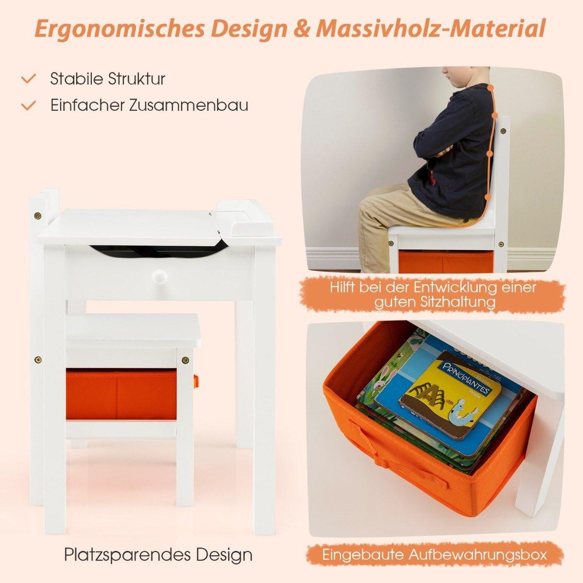 Northix Kindertisch + Stuhl aus Massivholz mit Klappbarer Tischplatte & Schublade & Haken Weiß  