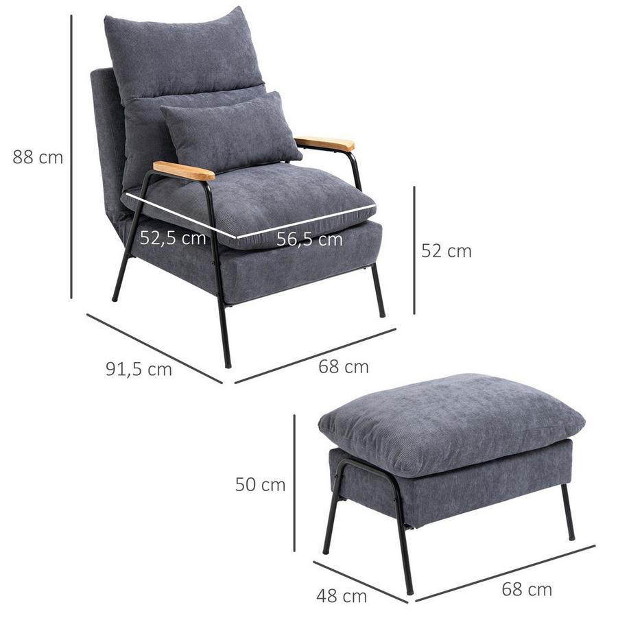 Northio Fauteuil De Relaxation À Oreilles Avec Tabouret, Fauteuil Tv Avec Dossier Inclinable, Coussin, Chaise Rembourrée, Fauteuil Tv, Gris, 68 X 91,5 X 88 Cm  