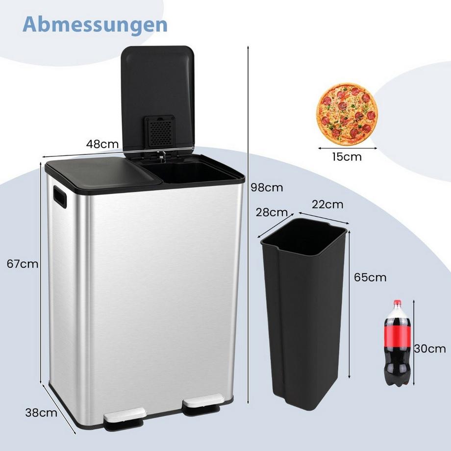 Northix  Poubelle 2 x 30L avec 2 compartiments & couvercle à fermeture douce & 2 compartiments désodorisants argent 