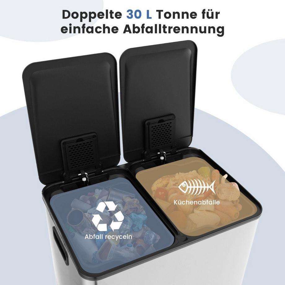Northix  Poubelle 2 x 30L avec 2 compartiments & couvercle à fermeture douce & 2 compartiments désodorisants argent 