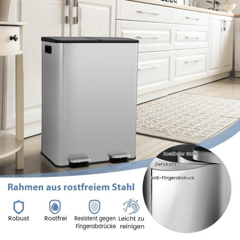Northix  Poubelle 2 x 30L avec 2 compartiments & couvercle à fermeture douce & 2 compartiments désodorisants argent 