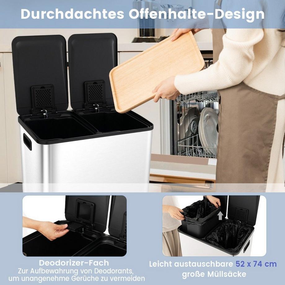 Northix  Poubelle 2 x 30L avec 2 compartiments & couvercle à fermeture douce & 2 compartiments désodorisants argent 