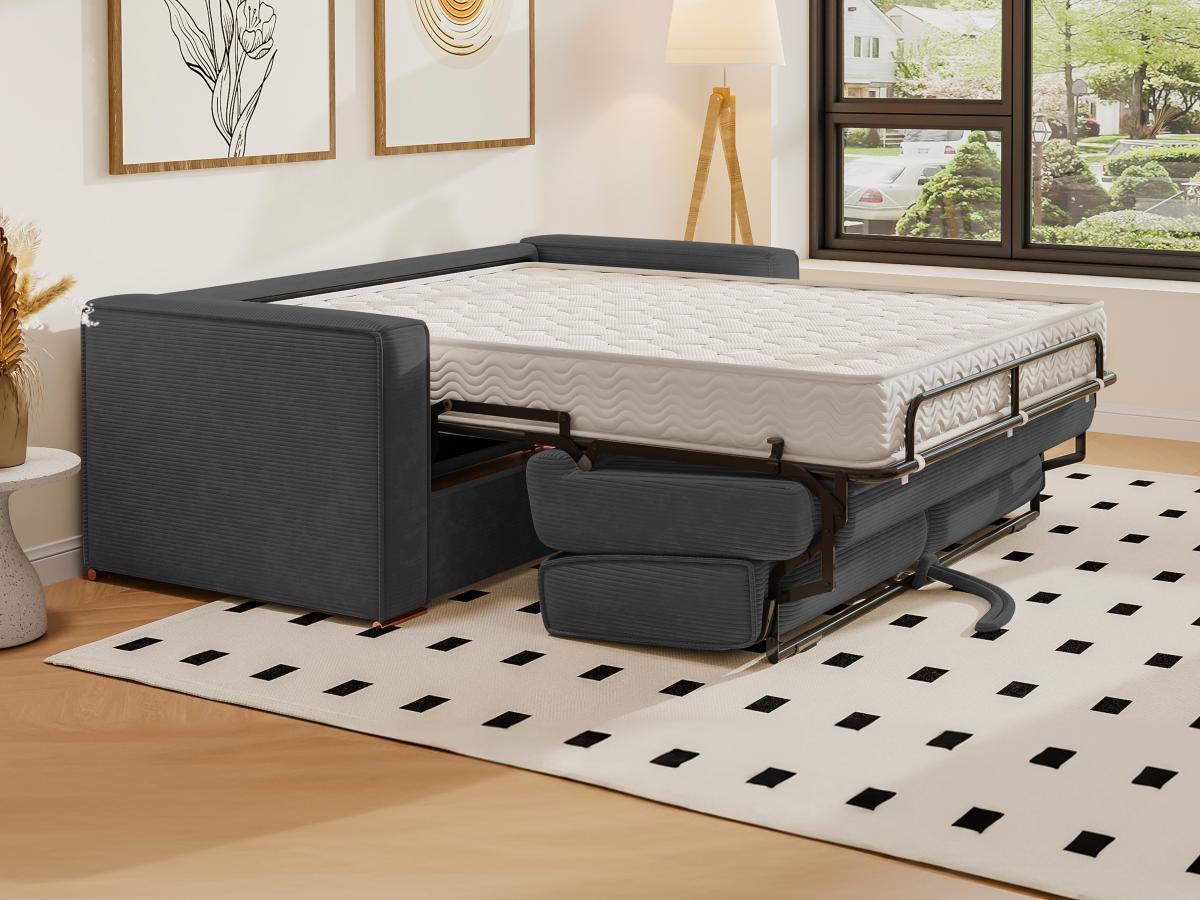 Vente-unique Canapé 3 places convertible express en velours côtelé gris anthracite - Couchage 140 cm - Matelas 18 cm LORETO  