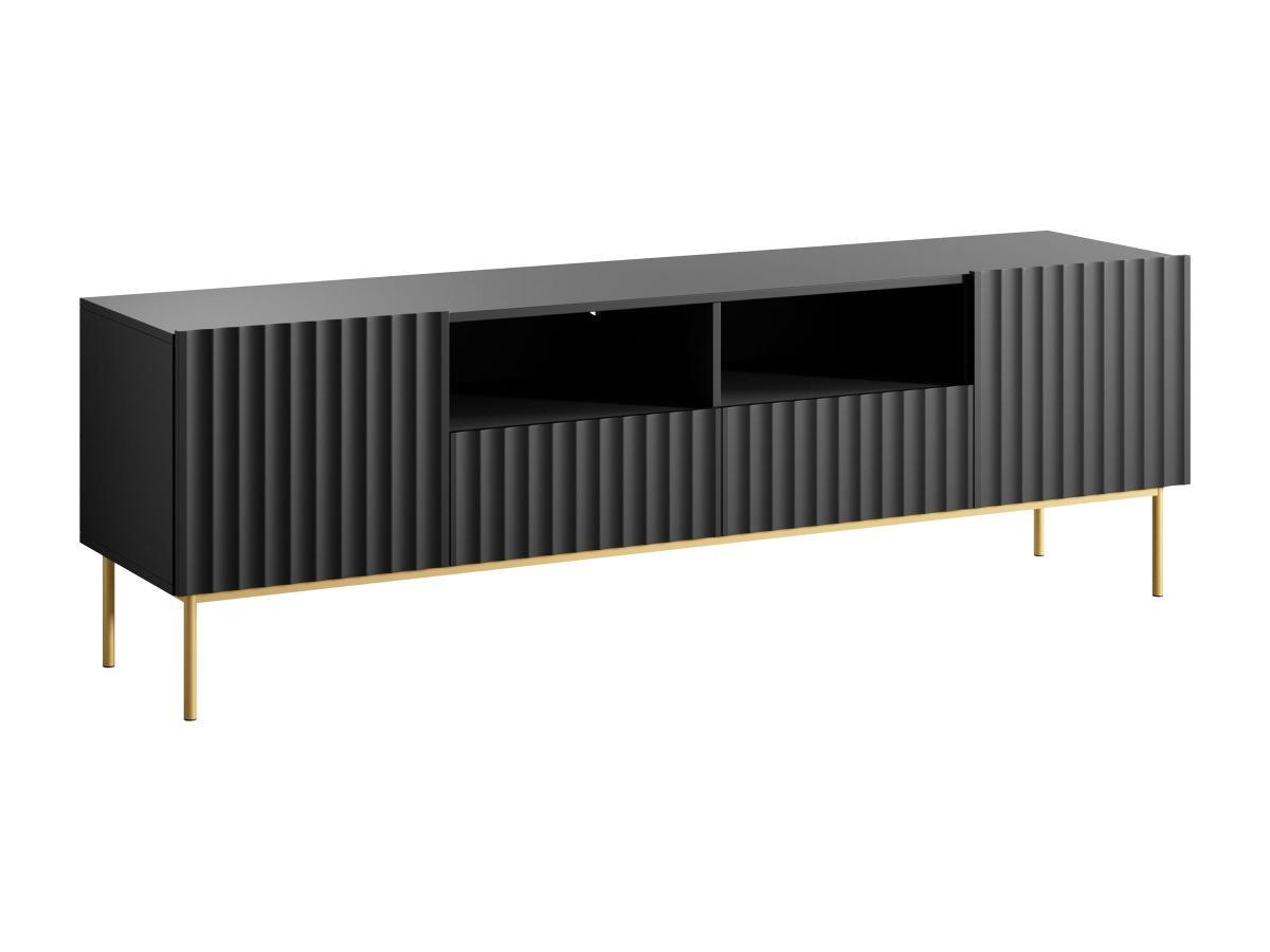 Image of TV-Möbel - 2 Türen, 2 Schubladen und 2 Ablagefächer - MDF und Stahl - Schwarz und Goldfarben - EVILANA TV-Möbel - 2 Türen, 2 Schubladen und 2 Ablagefächer - MDF und Stahl - Schwarz und Goldfarben - EVILANA
