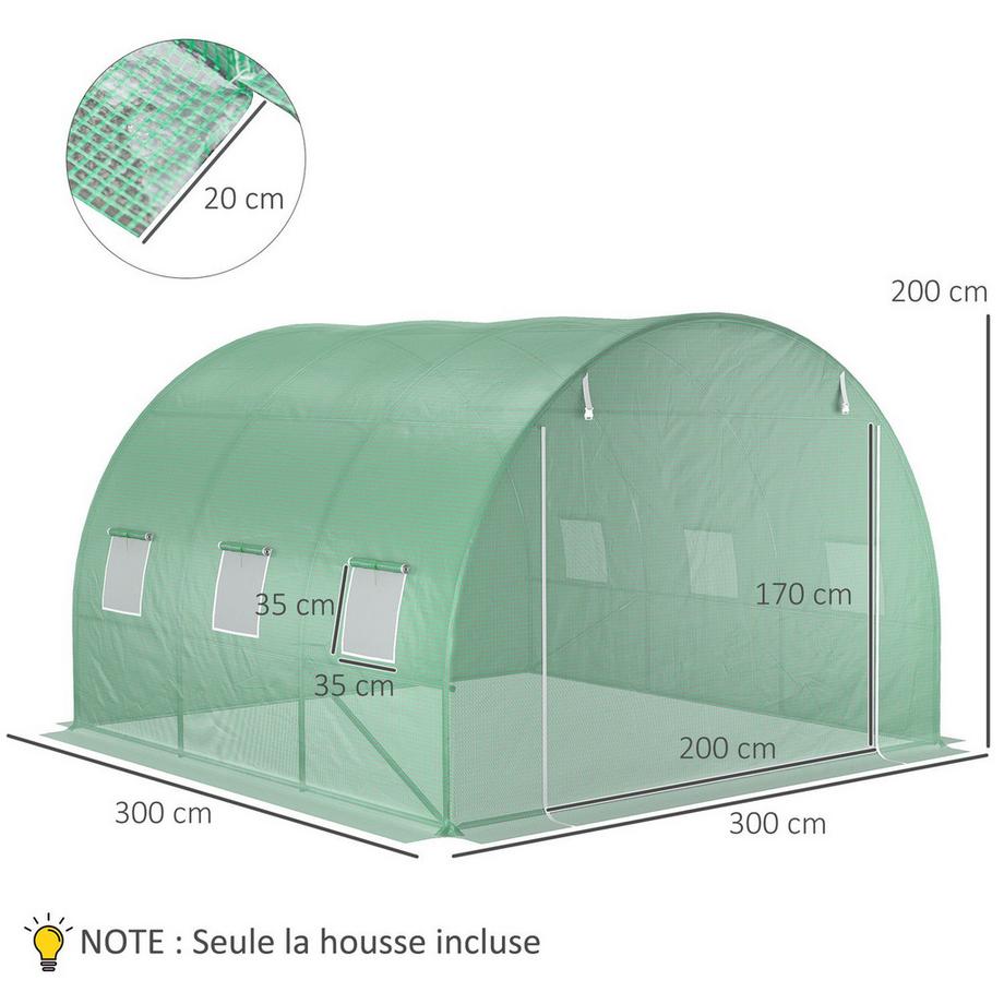 Northio Telo di ricambio per tunnel per serra da giardino 9 m², dimensioni del telone 3 L x 3 L x 2 A m PE Anti-UV Impermeabile 6 finestre + Porta con cerniera arrotolabile Verde  