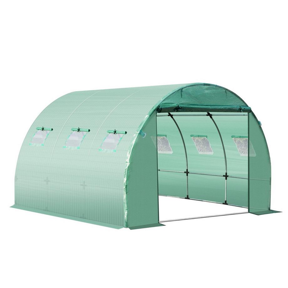 Ersatzplane für Garten-Gewächshaus-Tunnel 9 m², Plane Abmessungen 3L x 3B x 2H m PE Anti-UV wasserdicht 6 Fenster + rollbare Reißverschlusstür Grün