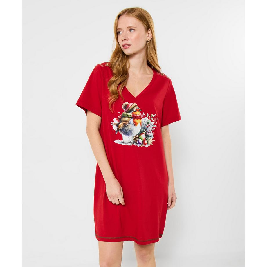 Joe Browns Camicia da Notte Festiva in Jersey con Stampa Pettirosso  