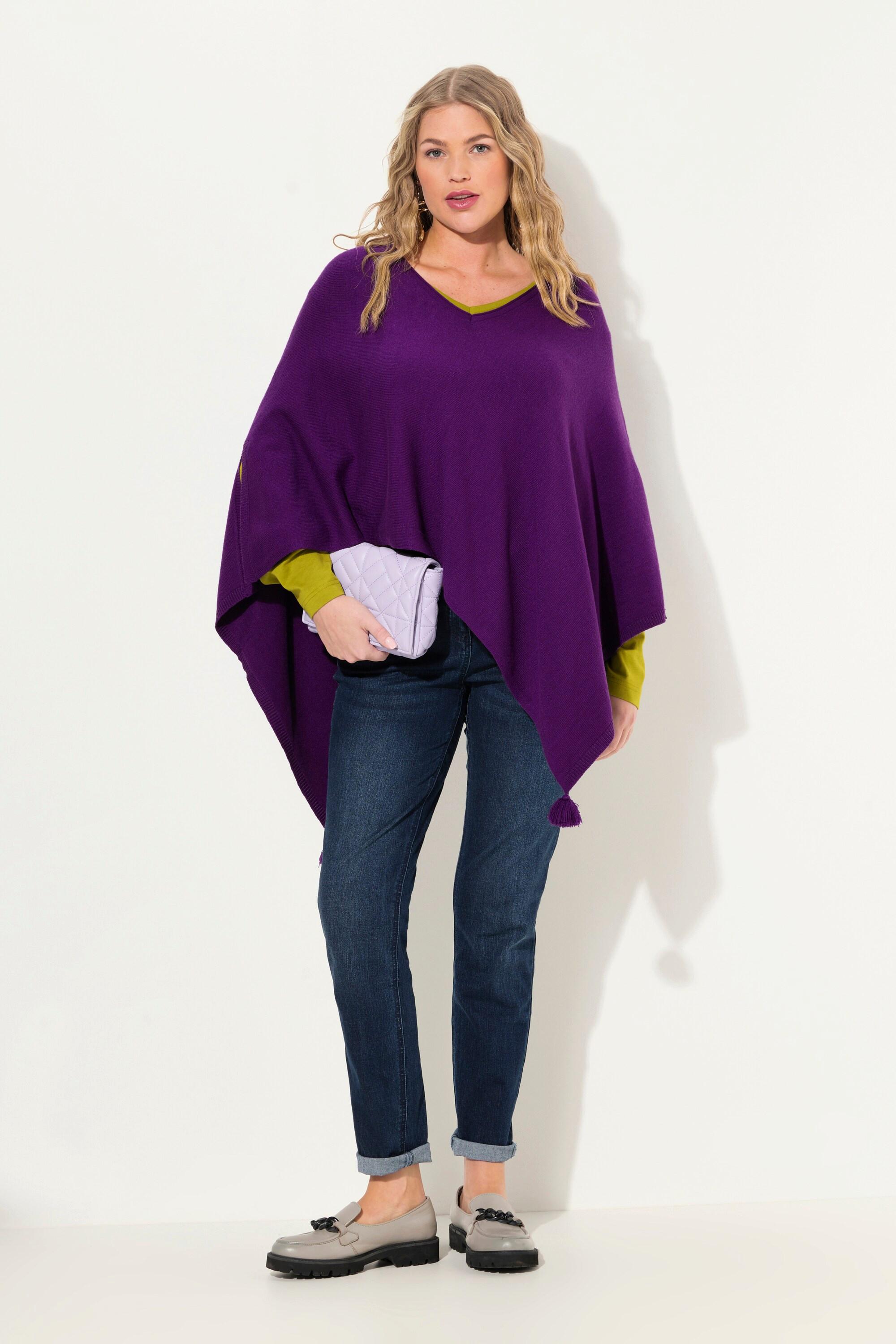 Ulla Popken  Poncho di maglia smanicato con orlo a punta, nappe e scollo a V 