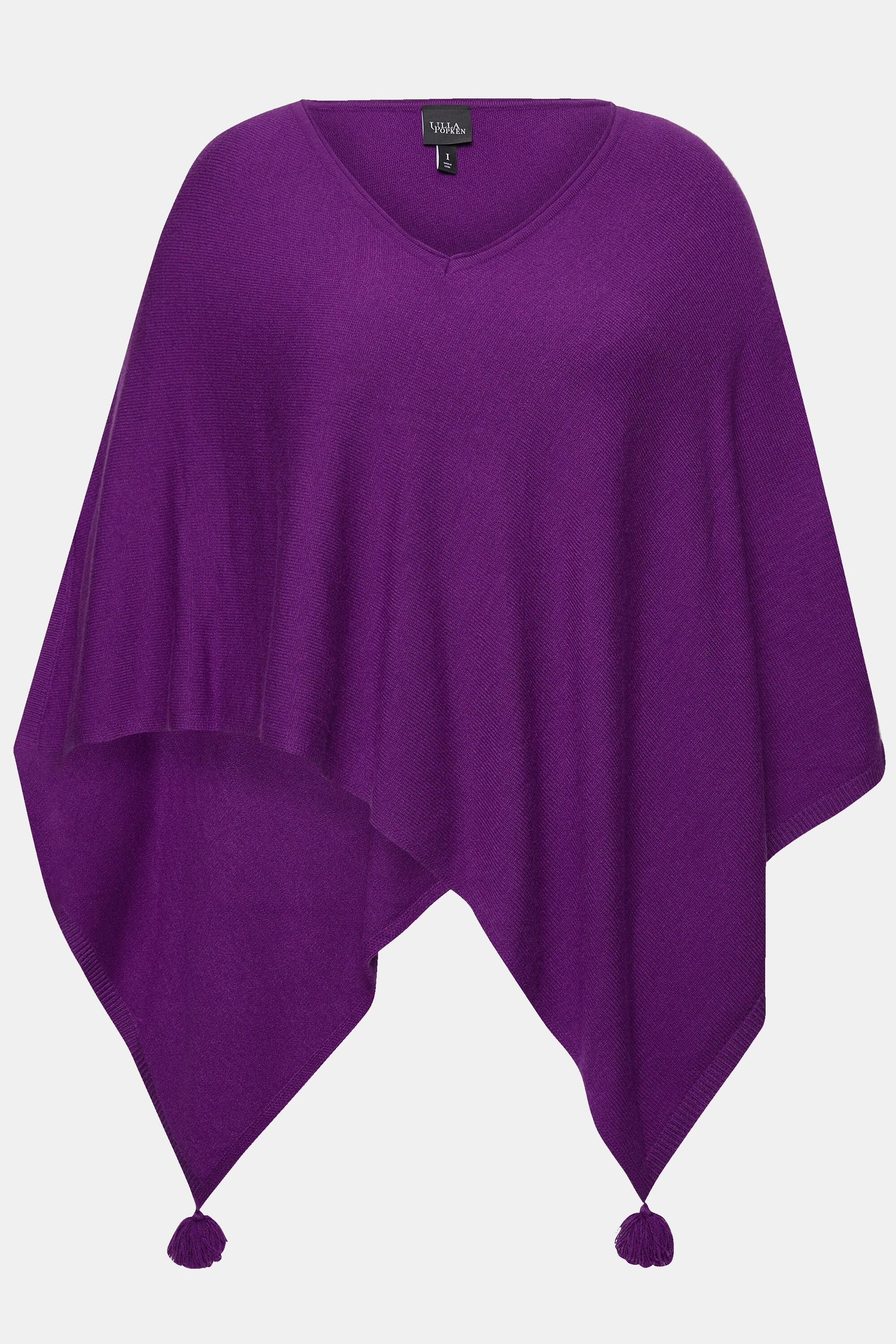 Ulla Popken  Poncho en maille, finition en pointe, pompon, col en V, sans manches 