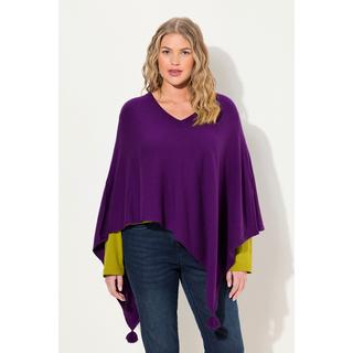 Ulla Popken  Poncho en maille, finition en pointe, pompon, col en V, sans manches 