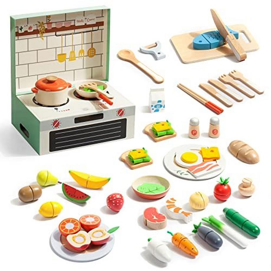 Kinderküche Zubehör Holzspielküche Zubehör, 78 Stück Rollenspiel Kochspielzeug