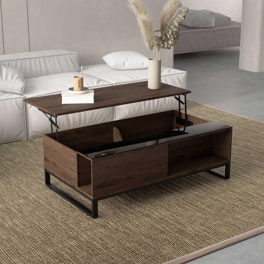 Northio Couchtisch, Beistelltisch Mit Hebefunktion, Sofatisch Mit Stauraum, Kaffeetisch Im Moderndesign, Stahl, Walnuss, Schwarz, 102 X 58 X 35,5 Cm  