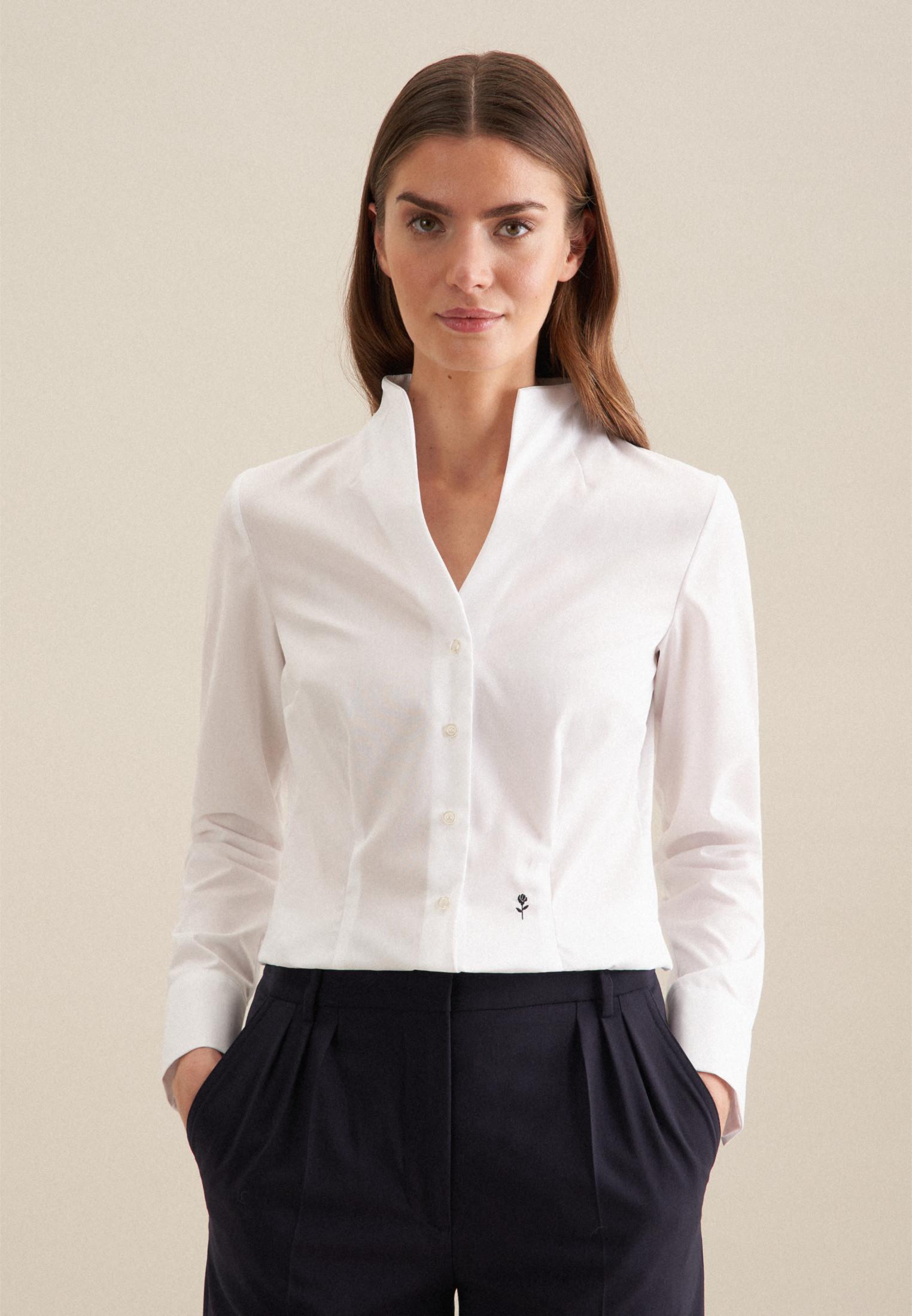 Image of Kelchkragenbluse Uni Langarm Kragen Damen Weiss 36
