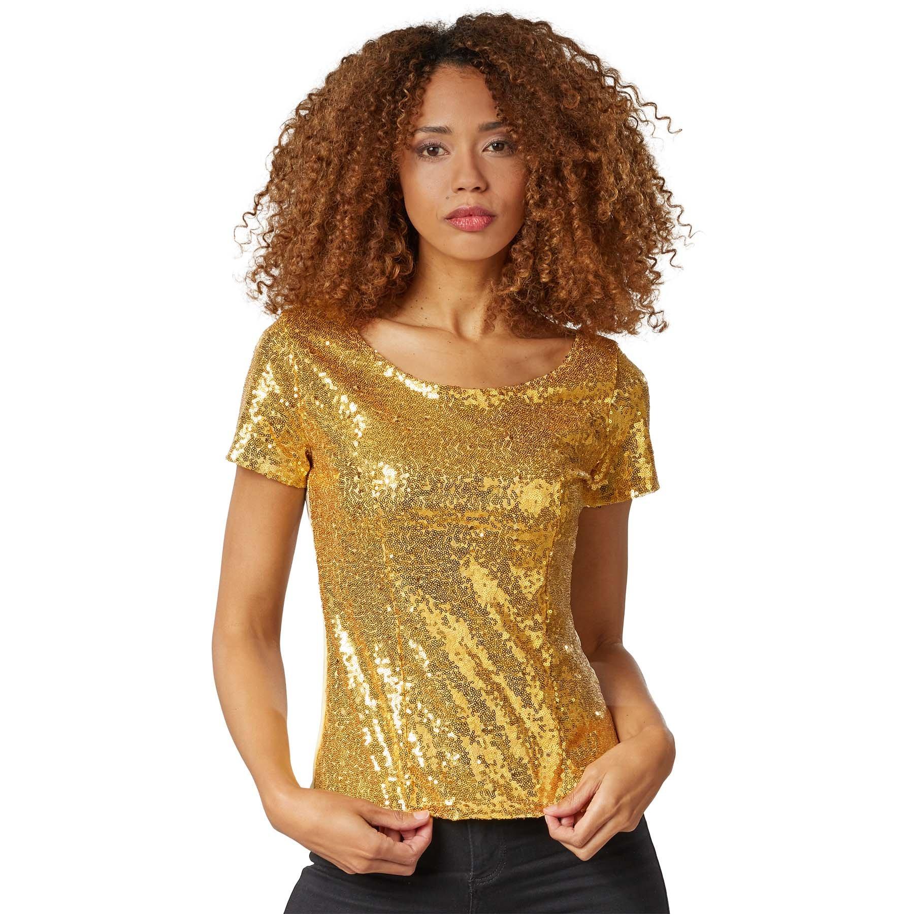 Image of Pailletten-kurzarm-shirt Damen Gold S