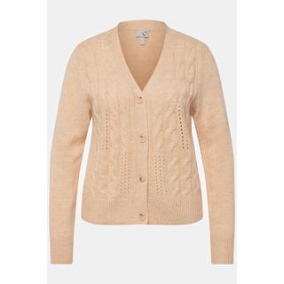 Ulla Popken  Cardigan à col V et patte de boutonnage, motif torsadé 