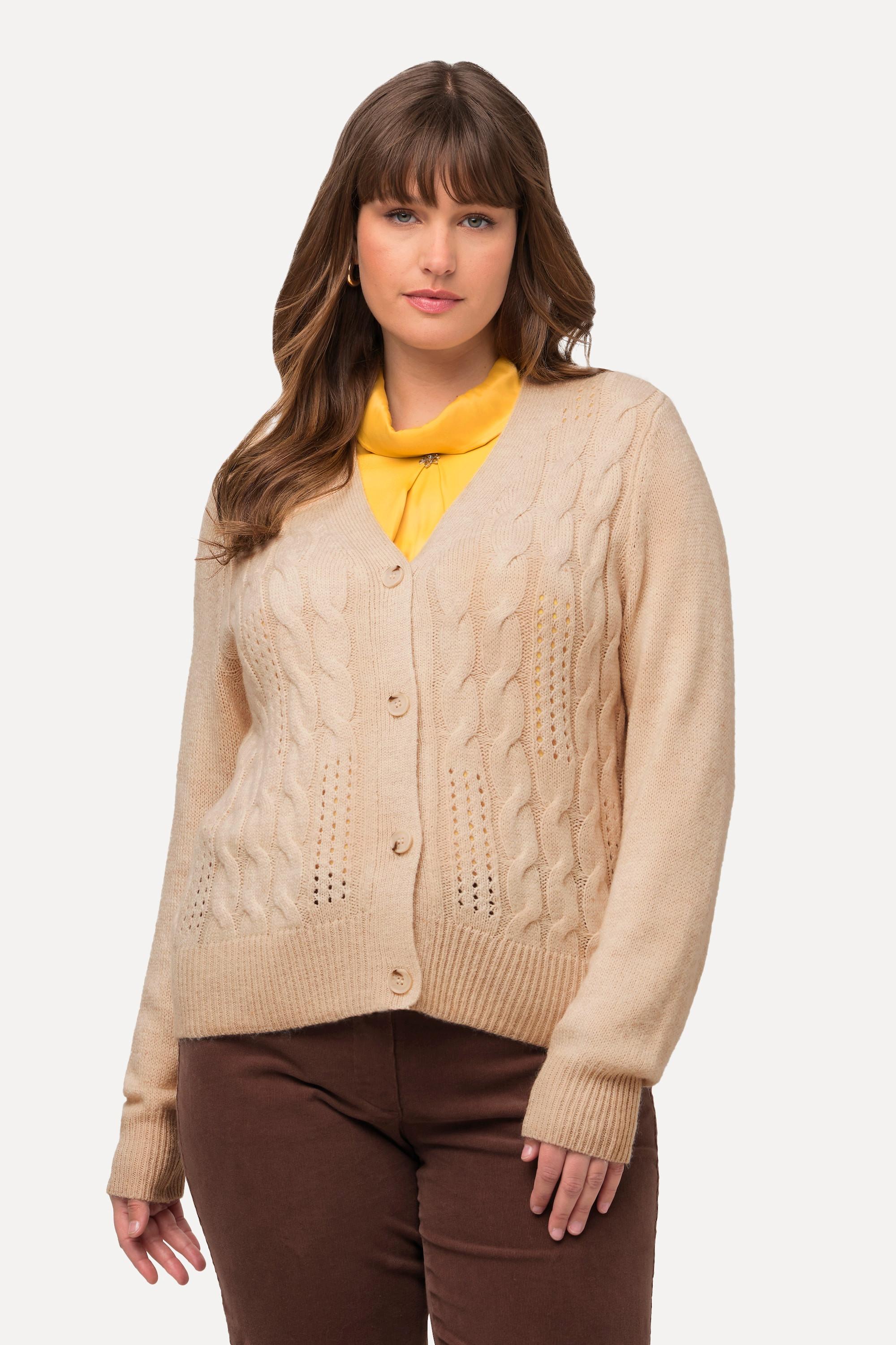 Ulla Popken  Cardigan à col V et patte de boutonnage, motif torsadé 