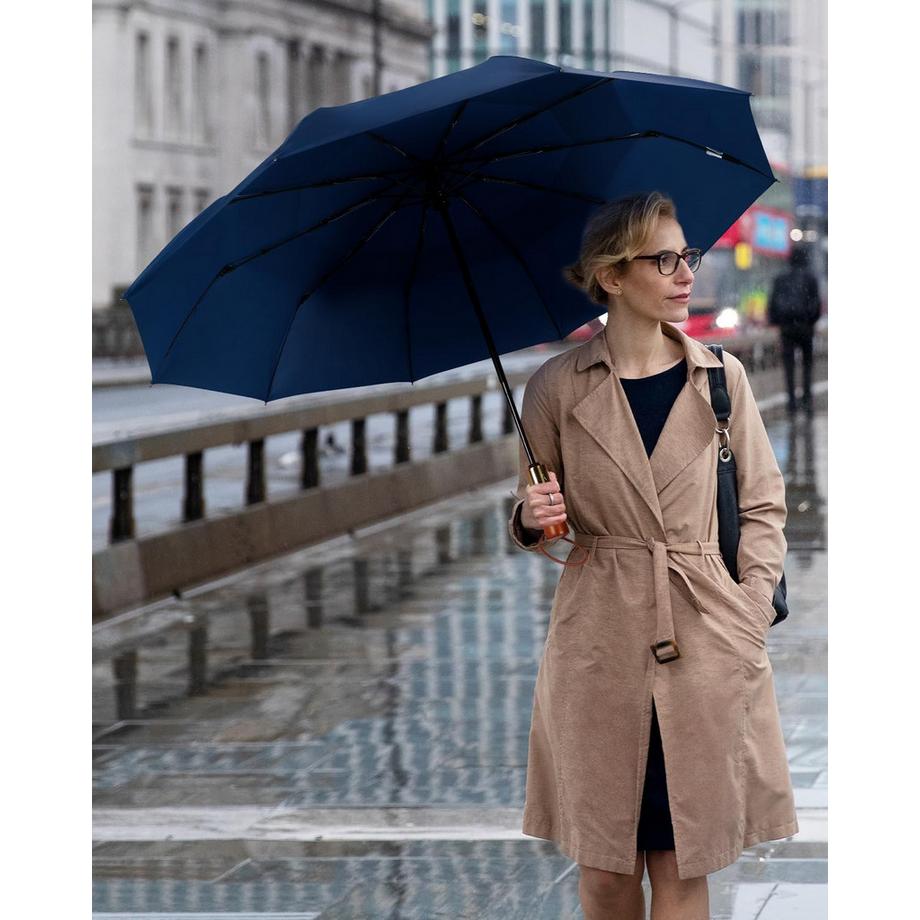 Alopini  Automatischer großer sturmsicherer Regenschirm, Taschenschirm mit belüftetem Doppeldach und Holzgriff 