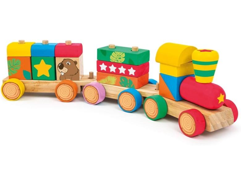 Image of Holzzug Lokomotive, Anhänger, Stapelklötzchen
