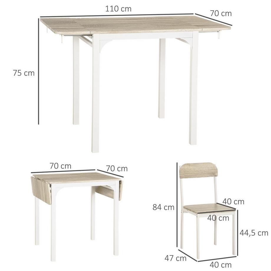 Northio Ensemble De Salon 3 Pièces Groupe De Repas Avec 2 Chaises Et 1 Table Ensemble De Table À Manger Et Plateau De Table Pliant Acier Mdf Naturel + Blanc 120 X 60 X 75 Cm  