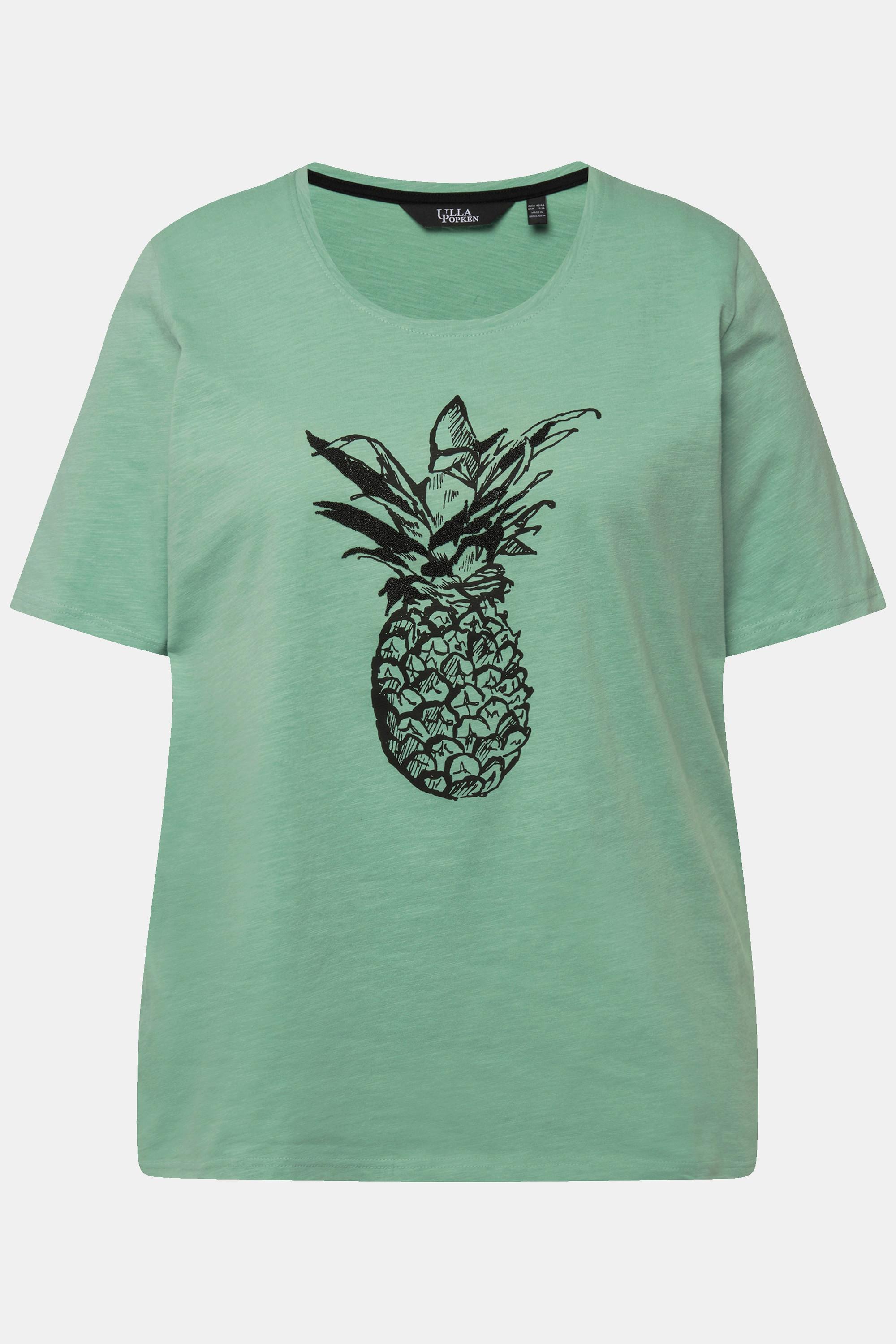 Ulla Popken  T-shirt à perles et motif ananas, col rond et manches courtes 