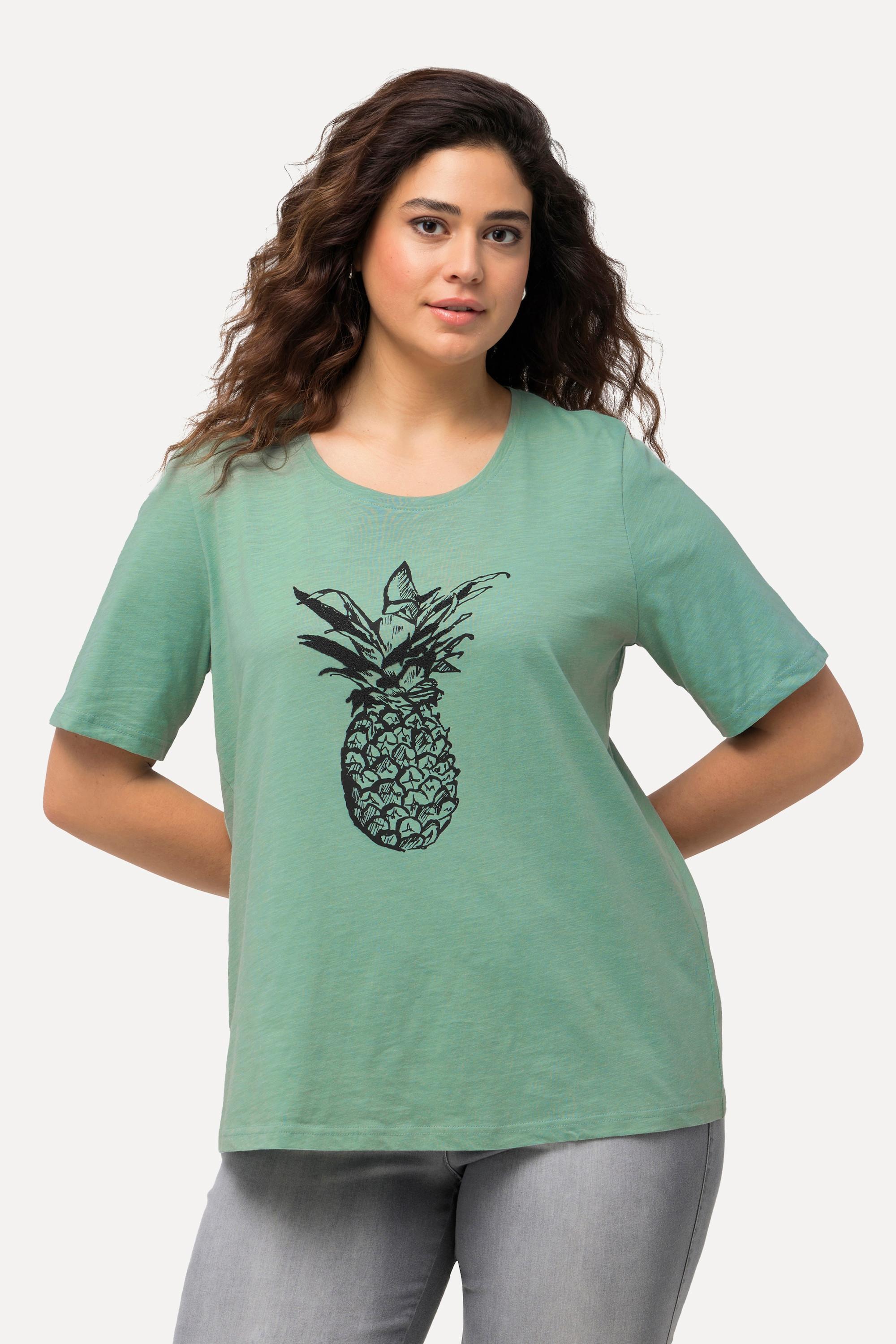 Ulla Popken  T-shirt à perles et motif ananas, col rond et manches courtes 