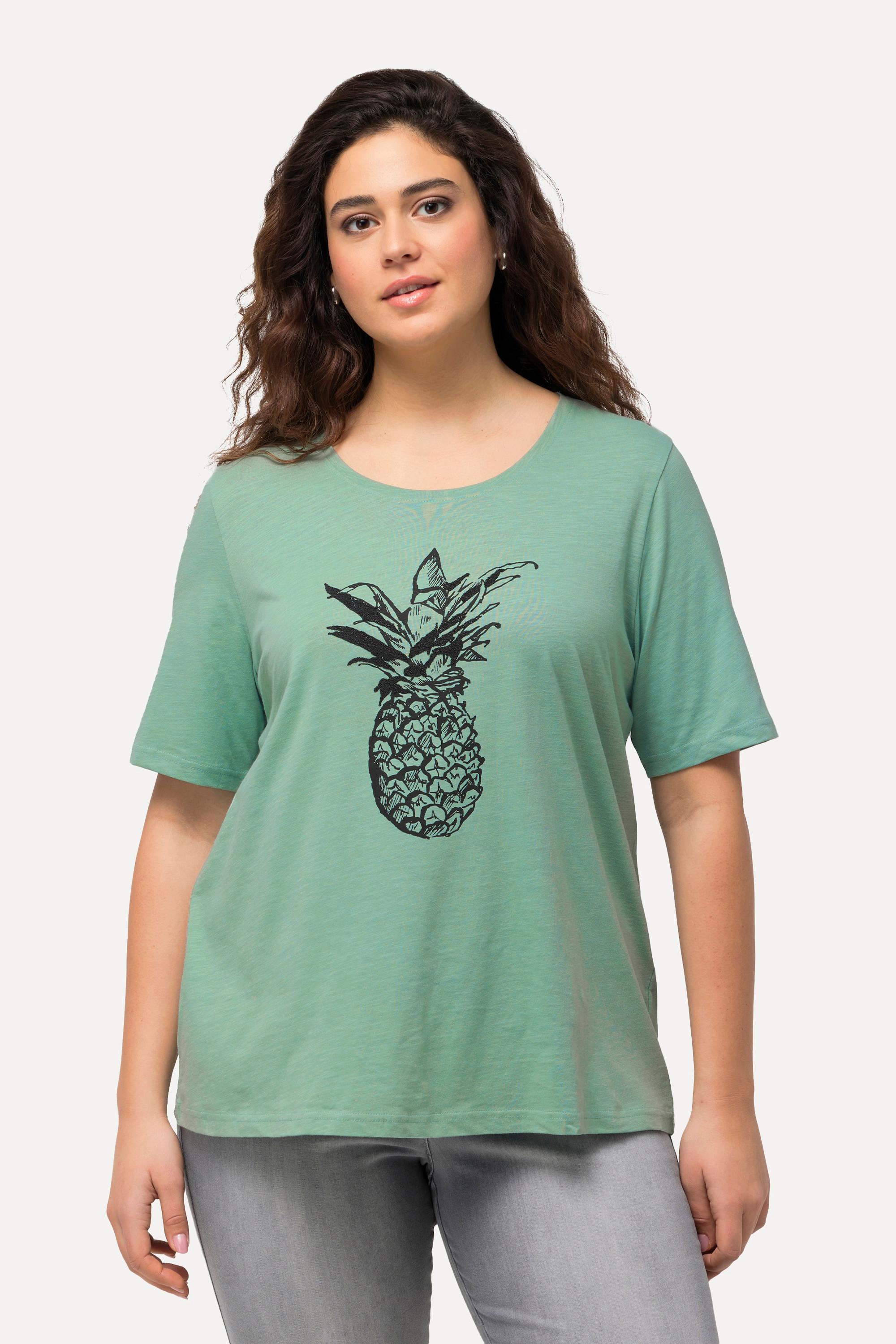 Ulla Popken  T-shirt à perles et motif ananas, col rond et manches courtes 