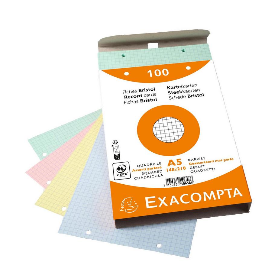 Exacompta Paquet 100 fiches sous film - bristol quadrillé 5x5 perforé - 148x210mm - x 10  