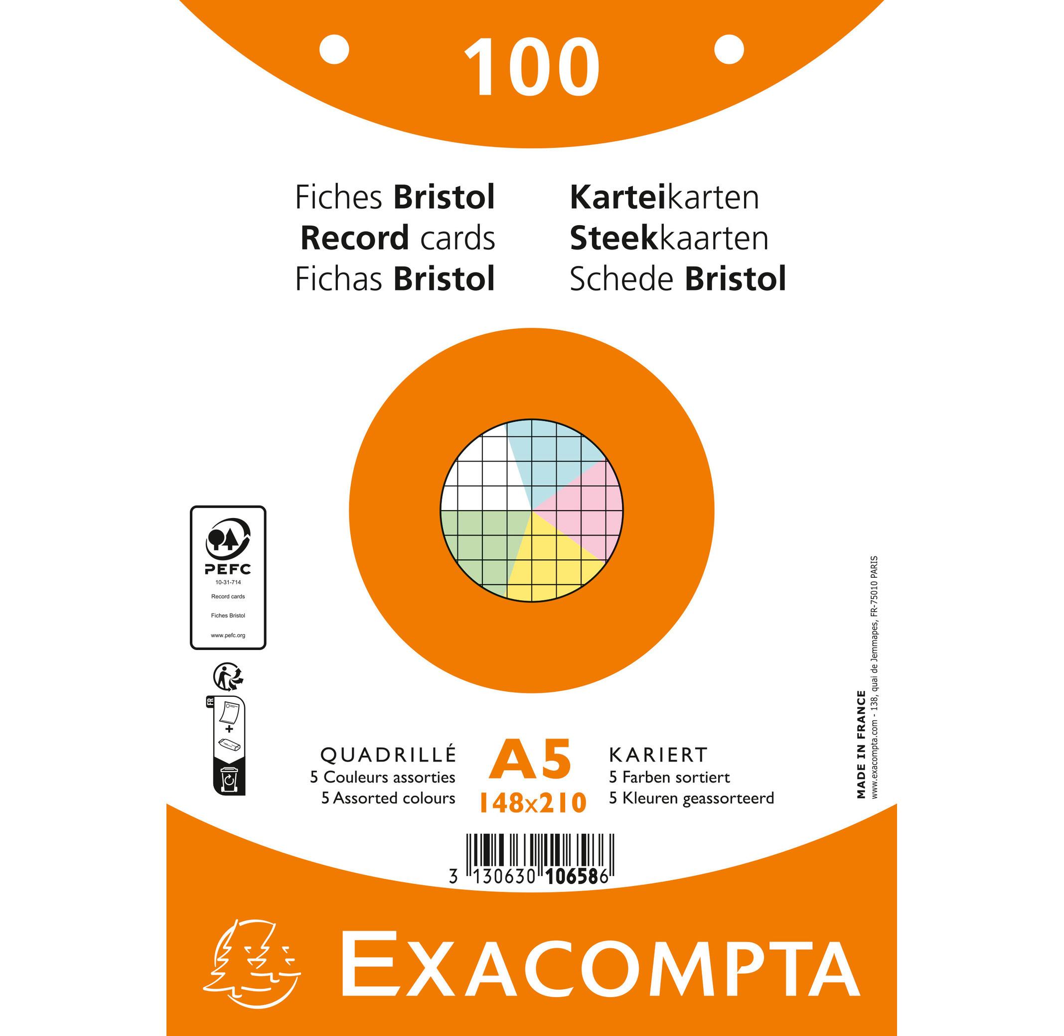 Exacompta Paquet 100 fiches sous film - bristol quadrillé 5x5 perforé - 148x210mm - x 10  