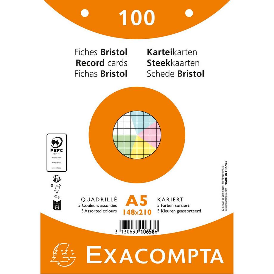 Exacompta Paquet 100 fiches sous film - bristol quadrillé 5x5 perforé - 148x210mm - x 10  
