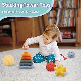 Activity-board  24 Stück Soft Squeeze Baby Toy Set-mit Bällen, Bauklötzen und Stacking Tower, Sensory Toy Teether, 