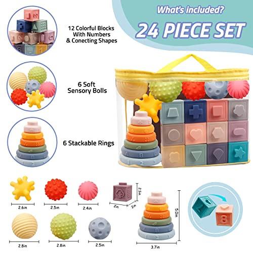 Activity-board  24 Stück Soft Squeeze Baby Toy Set-mit Bällen, Bauklötzen und Stacking Tower, Sensory Toy Teether, 