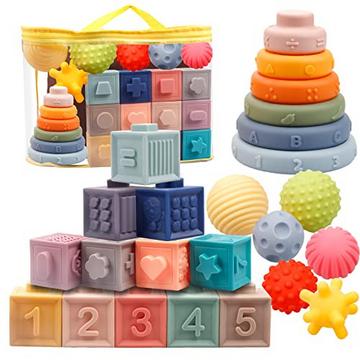 24 Stück Soft Squeeze Baby Toy Set-mit Bällen, Bauklötzen und Stacking Tower, Sensory Toy Teether,