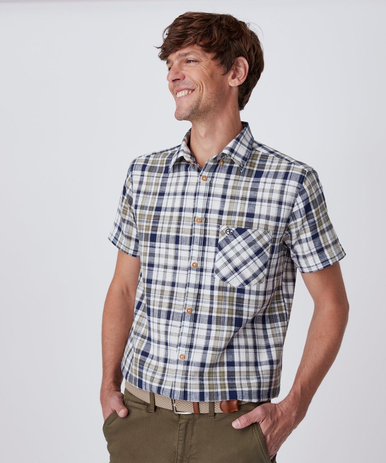 Image of Kurzarmhemd Aus Leinen-baumwoll-mix. Damen Blau Bunt 37-38