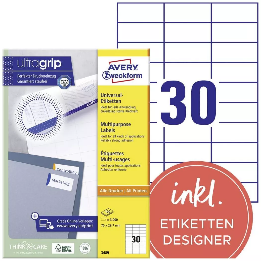 Avery-Zweckform – AVERY ZWECKFORM Universal-Etiketten 70×29.7mm 3000 Stk., One Size, Weiss