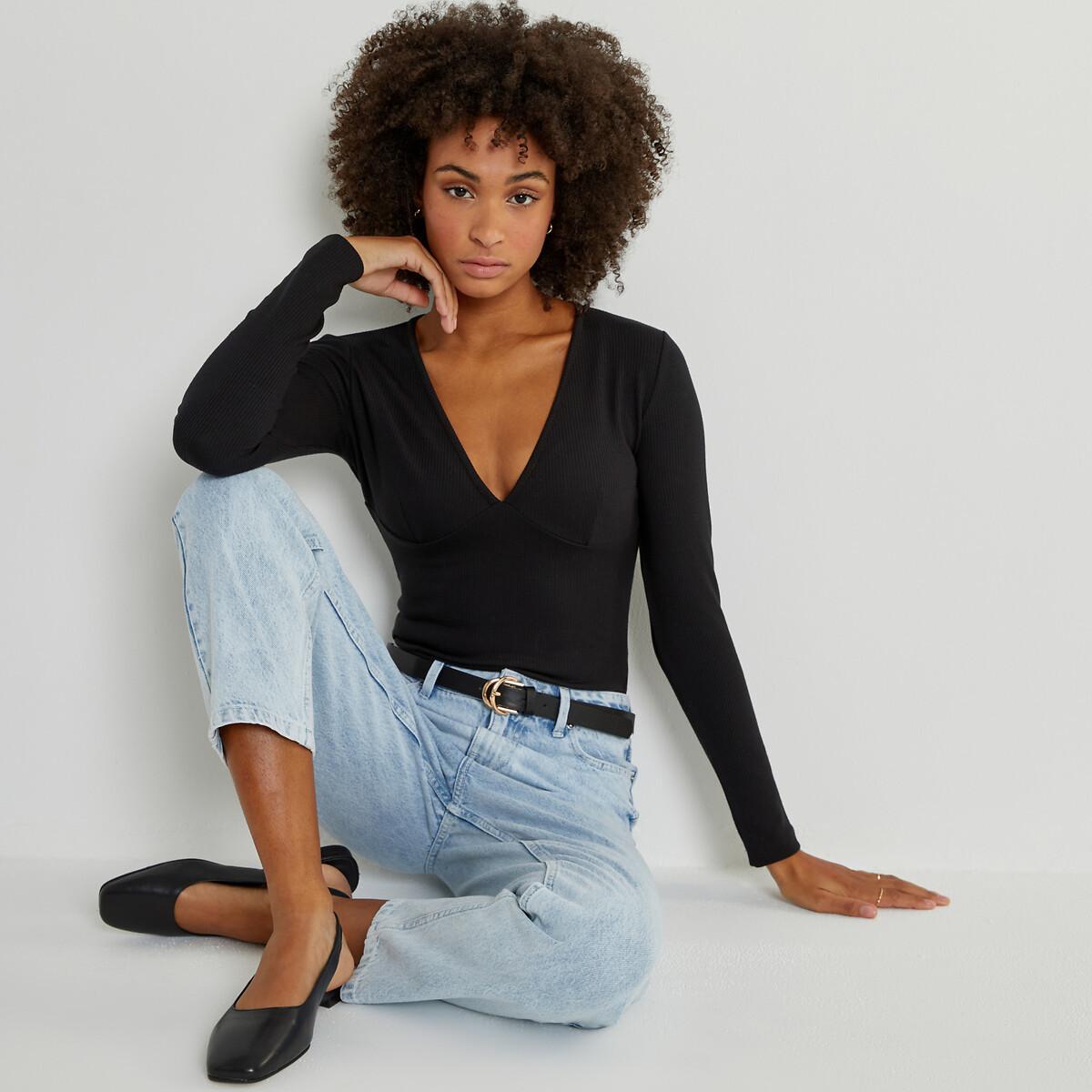 Image of Langärmeliger Body Mit V-ausschnitt Damen Schwarz 36