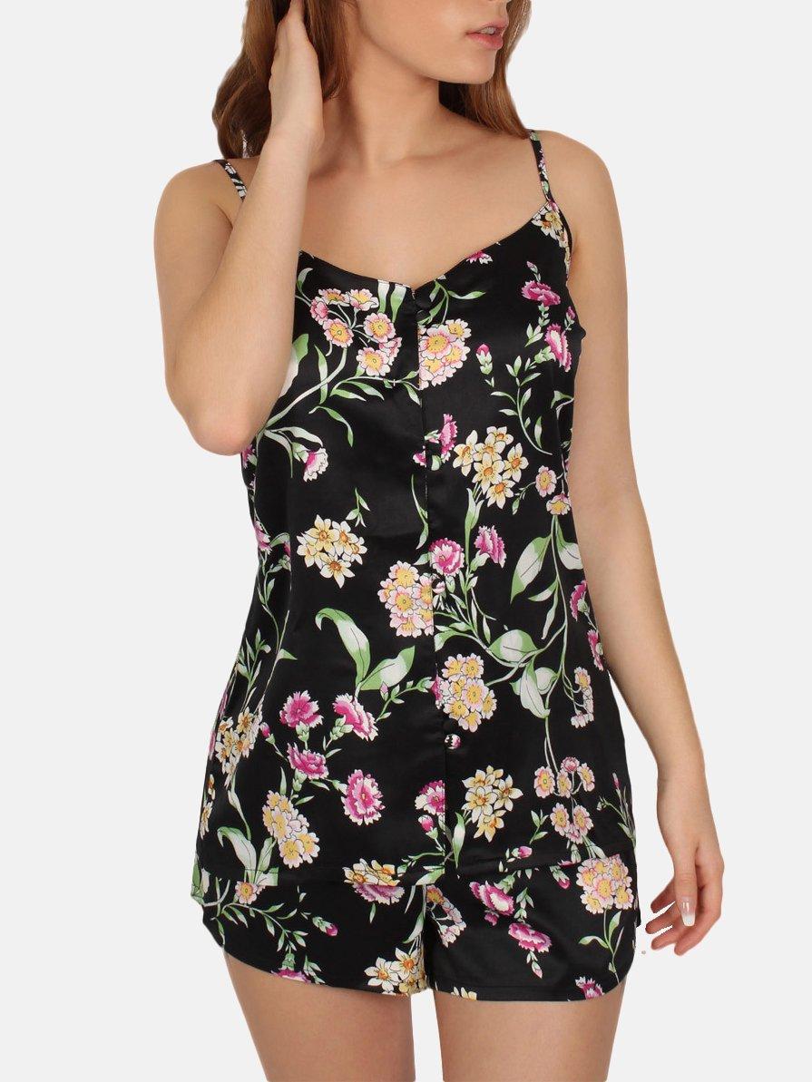 Admas  Pyjama-Shorts Tanktop Black Flowers 