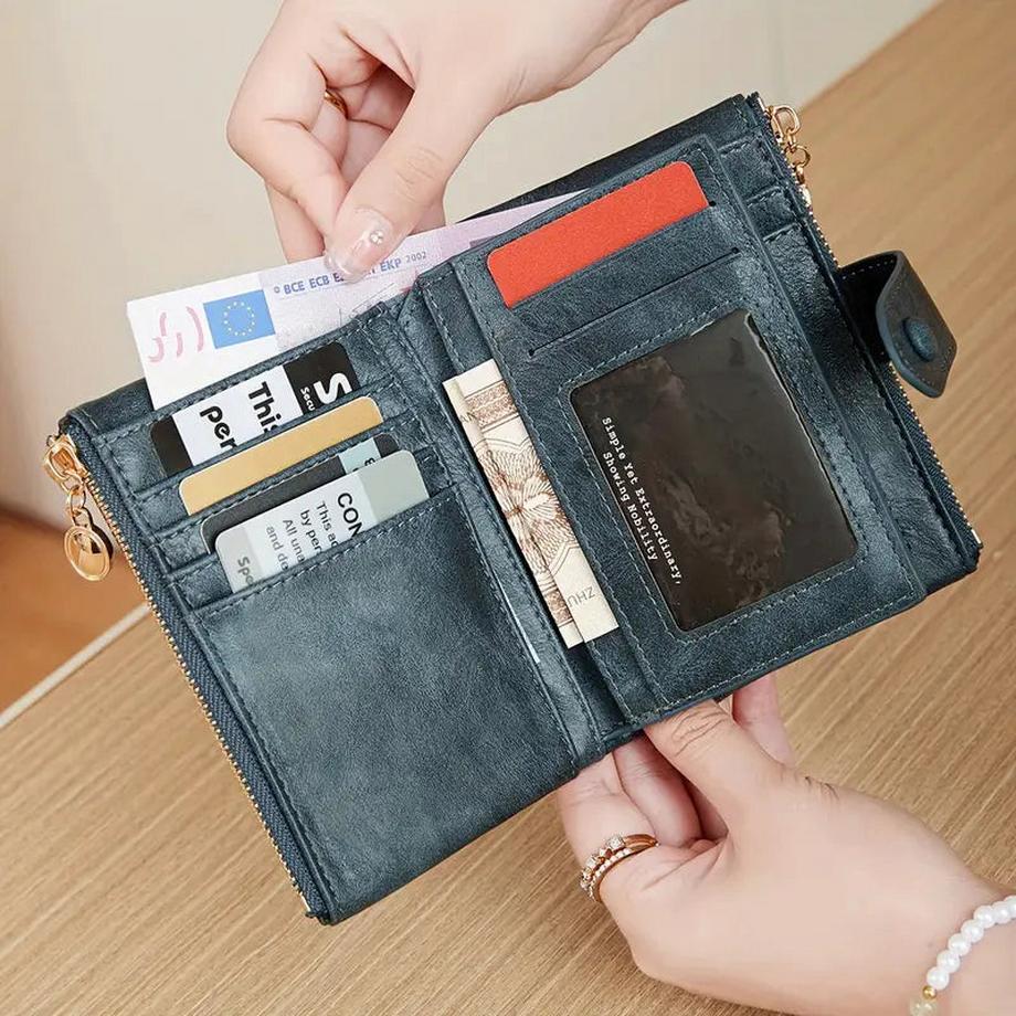 Only-bags.store Portafoglio Retrò Chiusura Bottone Scomparti Multipli per Carte Blocco RFID Design a Tre Ante Chiusura Magnetica a Scatto  