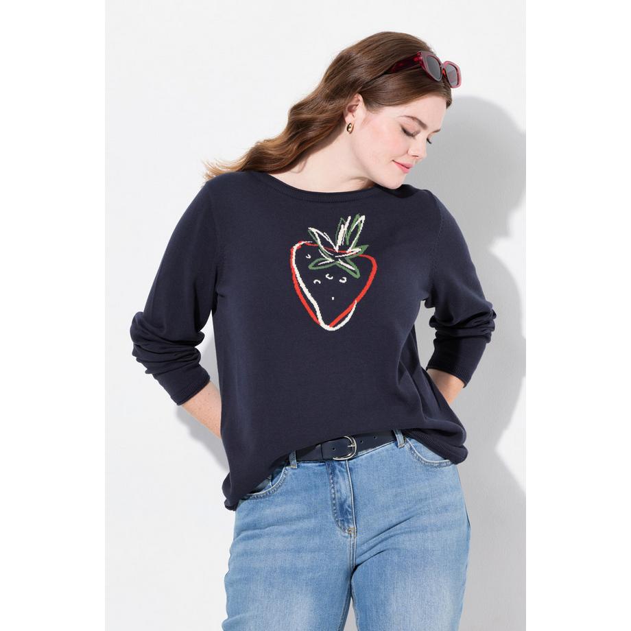 Ulla Popken Pull Motif Fruit Encolure Ronde Manches Longues Coton Bio  