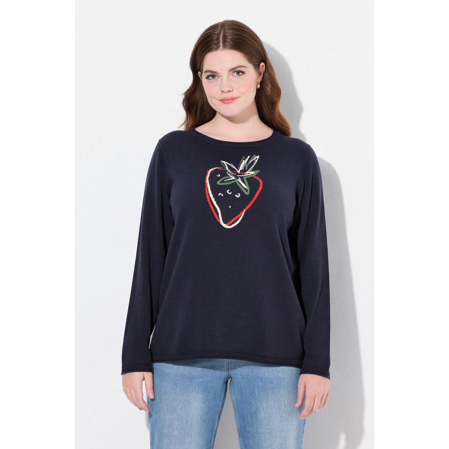 Ulla Popken Pull Motif Fruit Encolure Ronde Manches Longues Coton Bio  