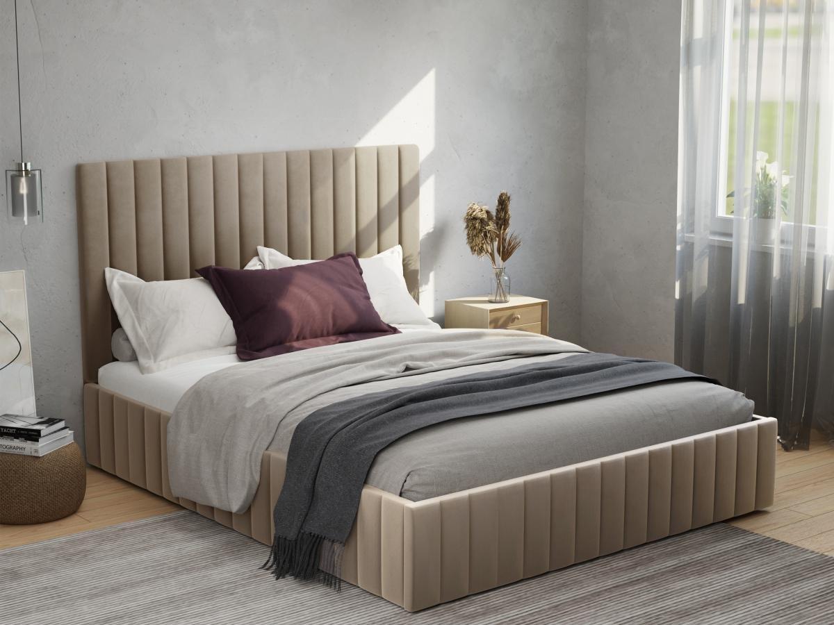 PASCAL MORABITO Lit coffre 180 x 200 cm avec tête de lit coutures verticales - Velours - Taupe + Matelas - LARALI de Pascal Morabito  