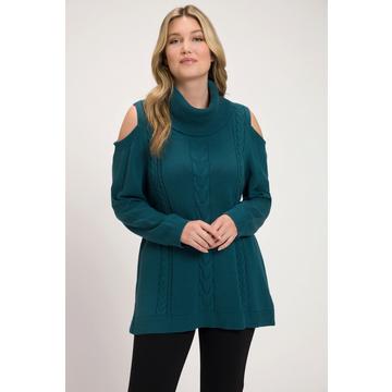 Pull, motif tressé, col roulé, découpes, manches longues